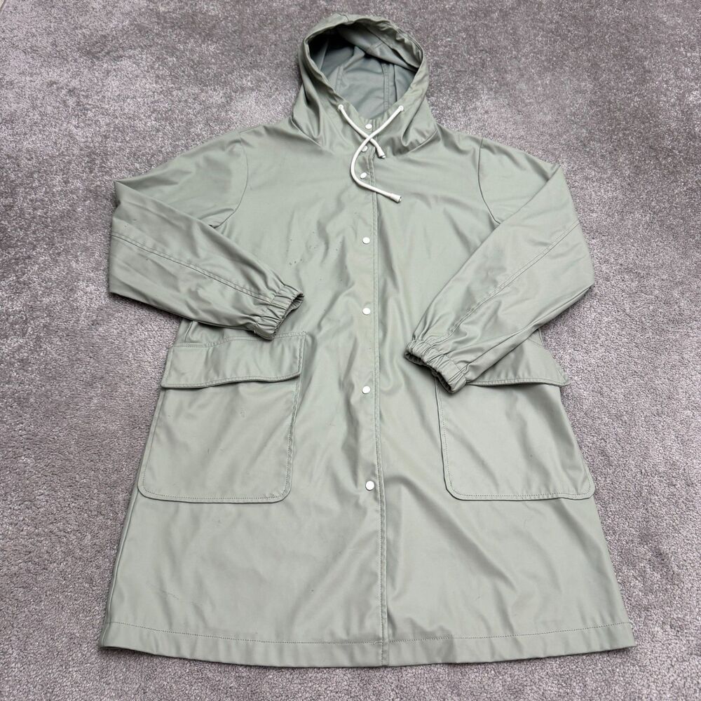 ZARA Hooded Rubberized Snap Button Long Parka Raincoat Jacket Women Medium Green